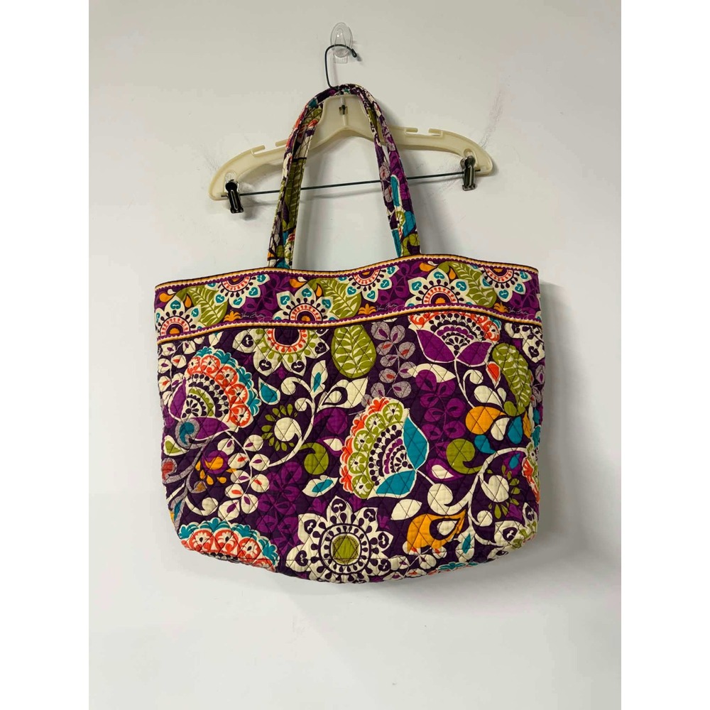Vera Bradley Womens Large Purple Ribbons Floral Quilted Cotton Tote Shoulder Bag